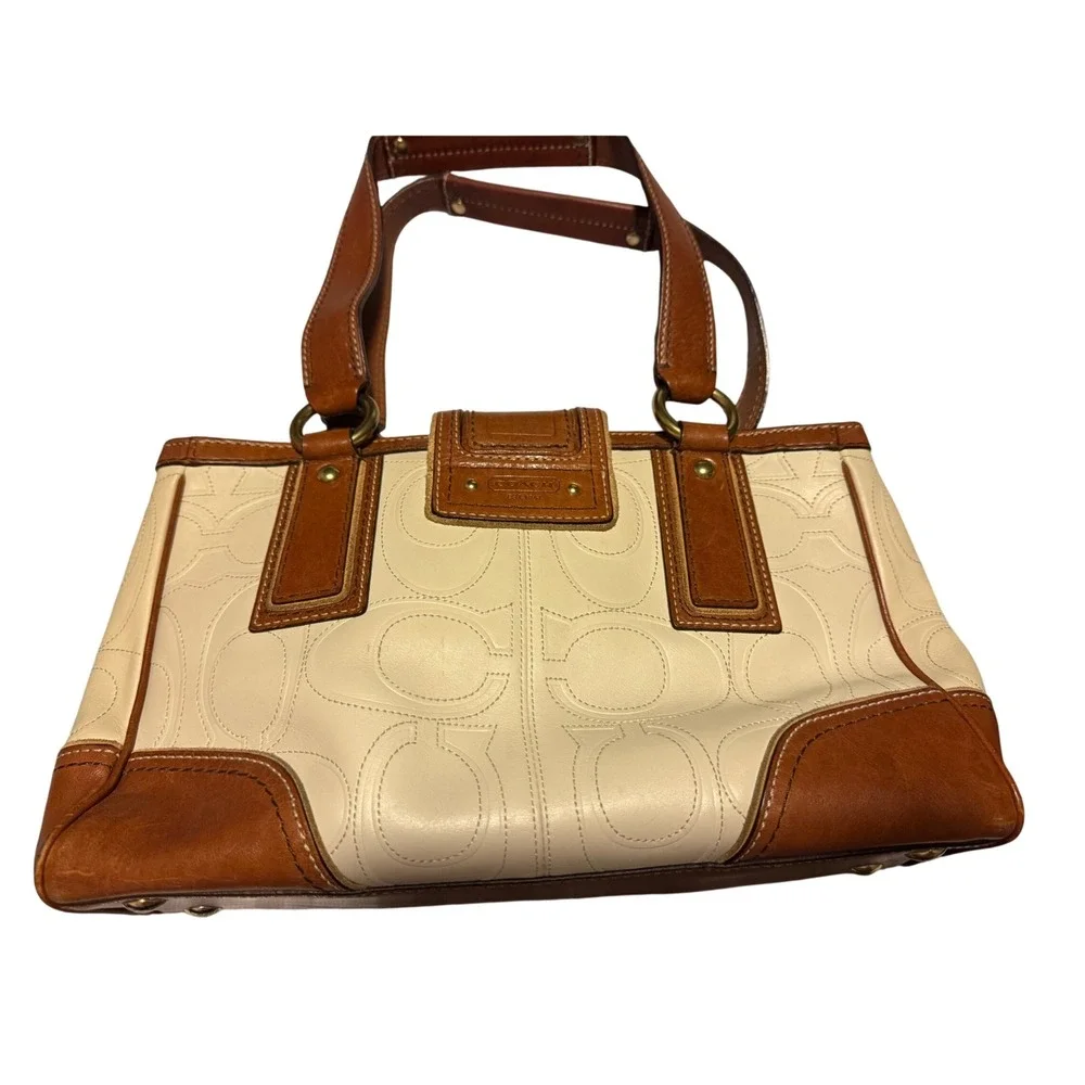 Coach Hampton Satchel Cream Brown Leather Optic C Handbag 11540